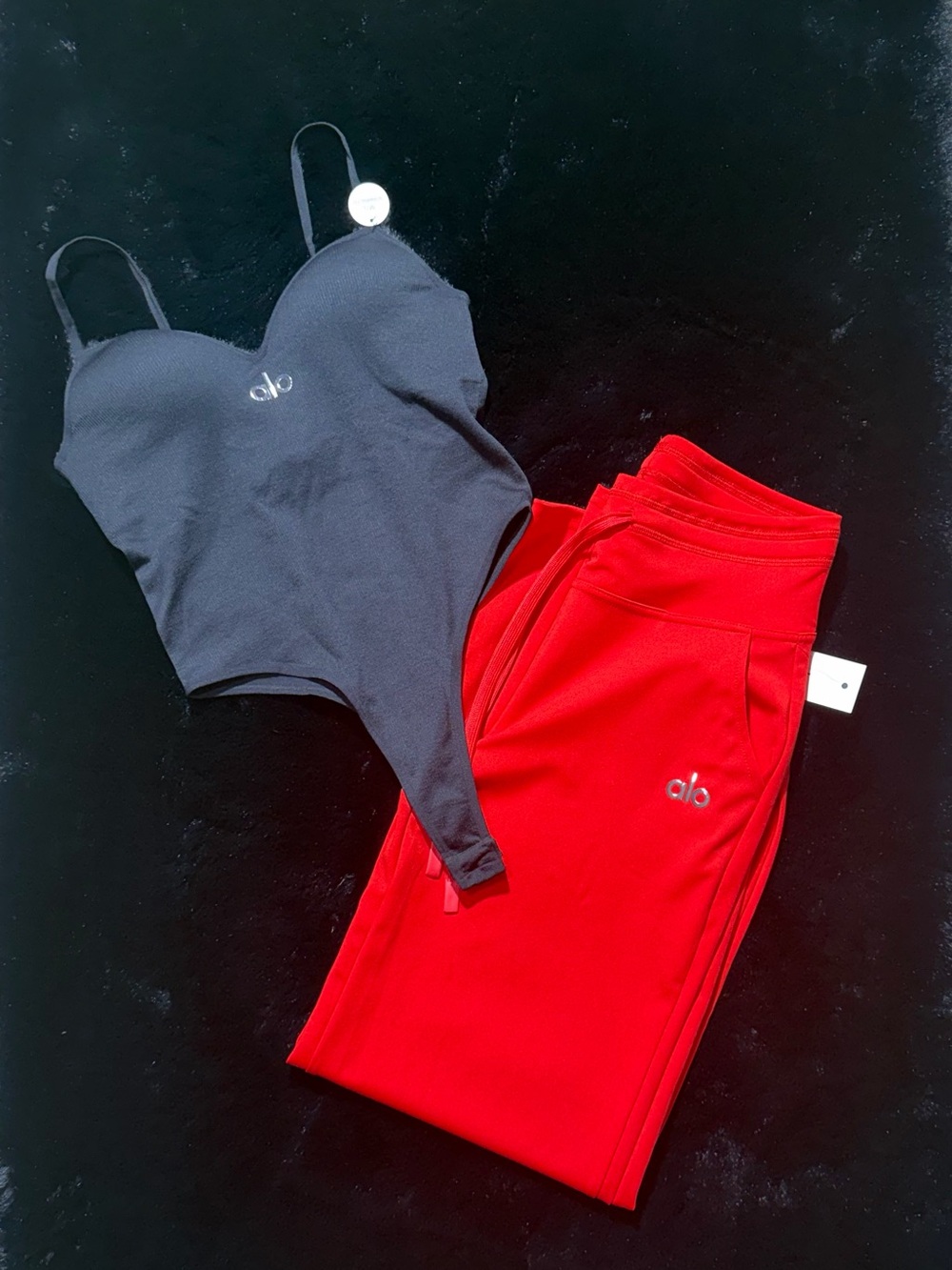 ALO Yoga Black Bandeau Bodysuit with Red High-Rise Leggings